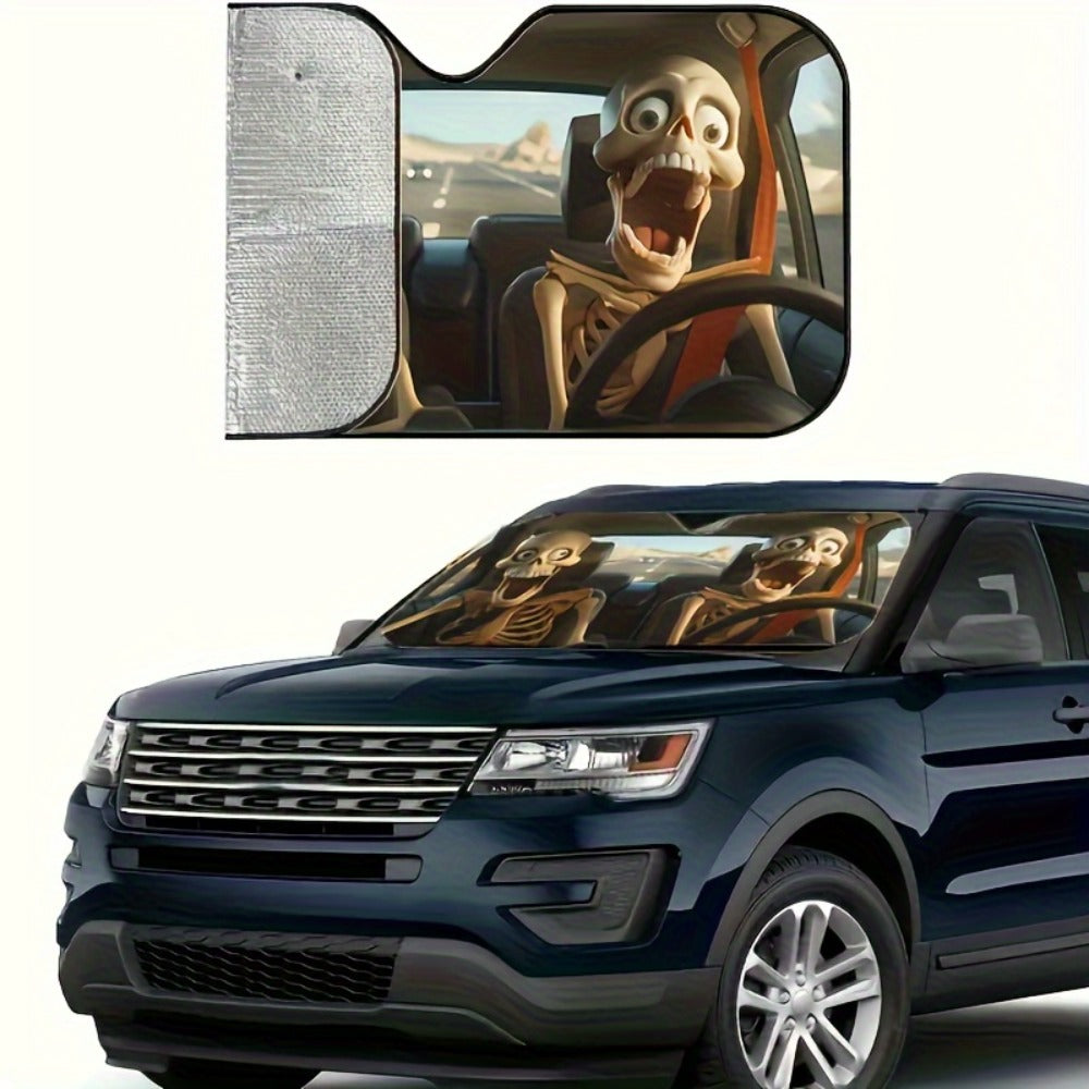 Car Windshield Sunshade Skull Pattern UV Blocking – Front Window Sun Shade with 4 Suction Cups Universal Fit Keeps Car Cool Skeleton Design
