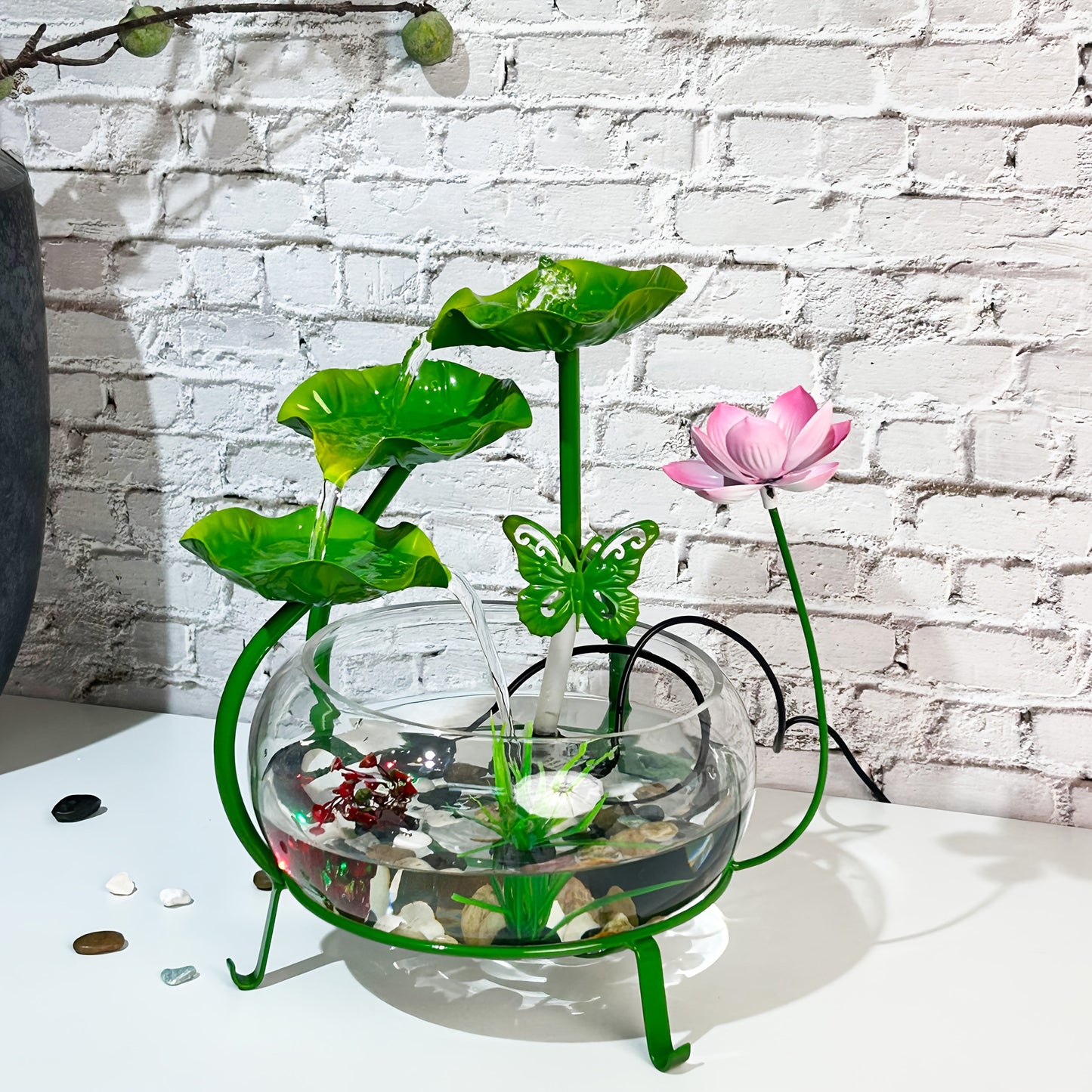 USB Desktop Water Fountain with Zen Waterfall Design, Natural Rocks and Green Finish for Home or Office