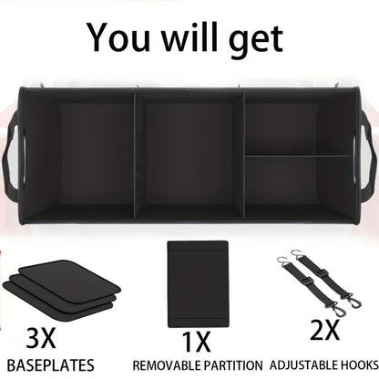 Car Trunk Organizer, 95L Foldable 4-Compartment Bin with Two Retractable Straps and Divider Set