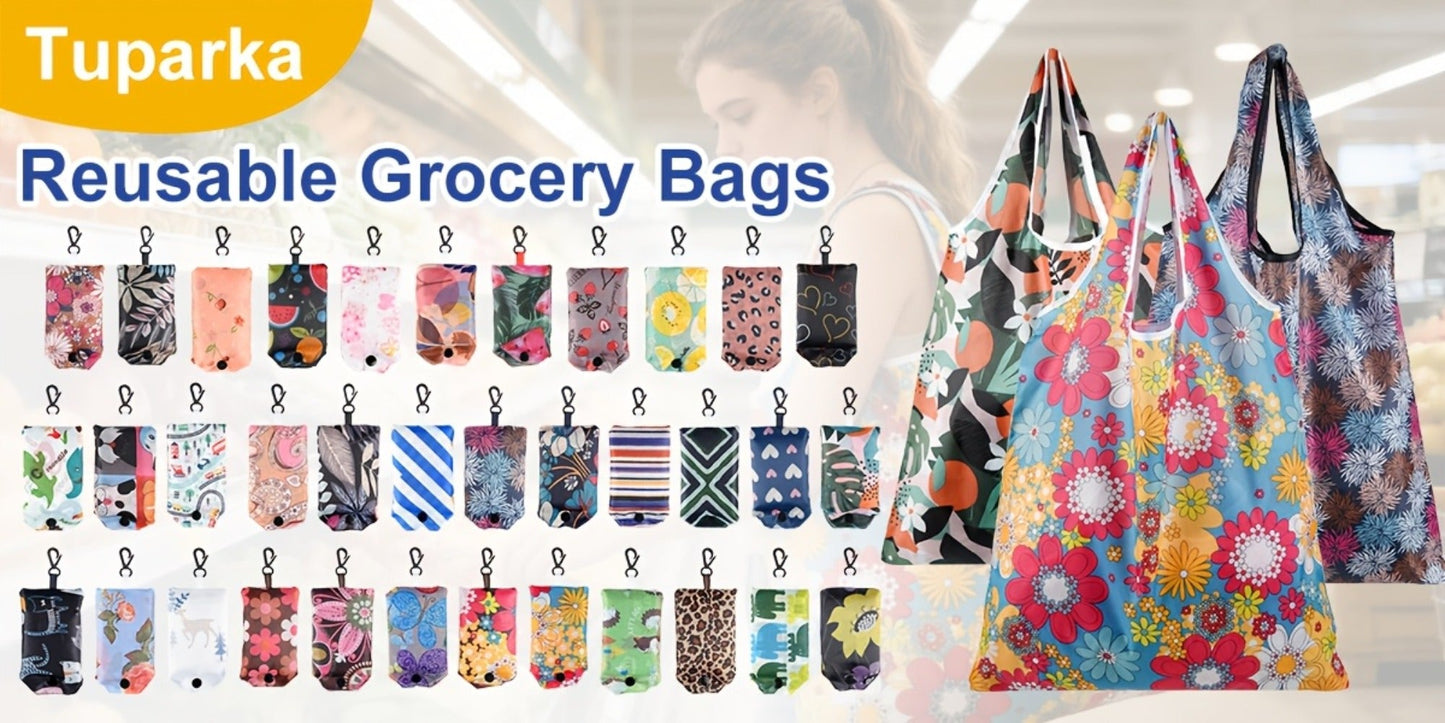 Foldable Reusable Shopping Bag Set with Assorted Printed Designs in 18- or 36-Piece Pack Options