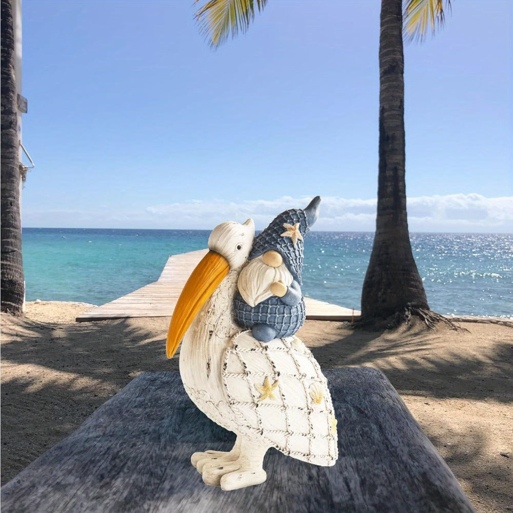 Pelican Gnome Figurine 11.5" – Resin Coastal Beach Decor with Starfish & Seashell, Tabletop Statue for Home, Garden & Poolside – Summer Gift & Nautical Decor