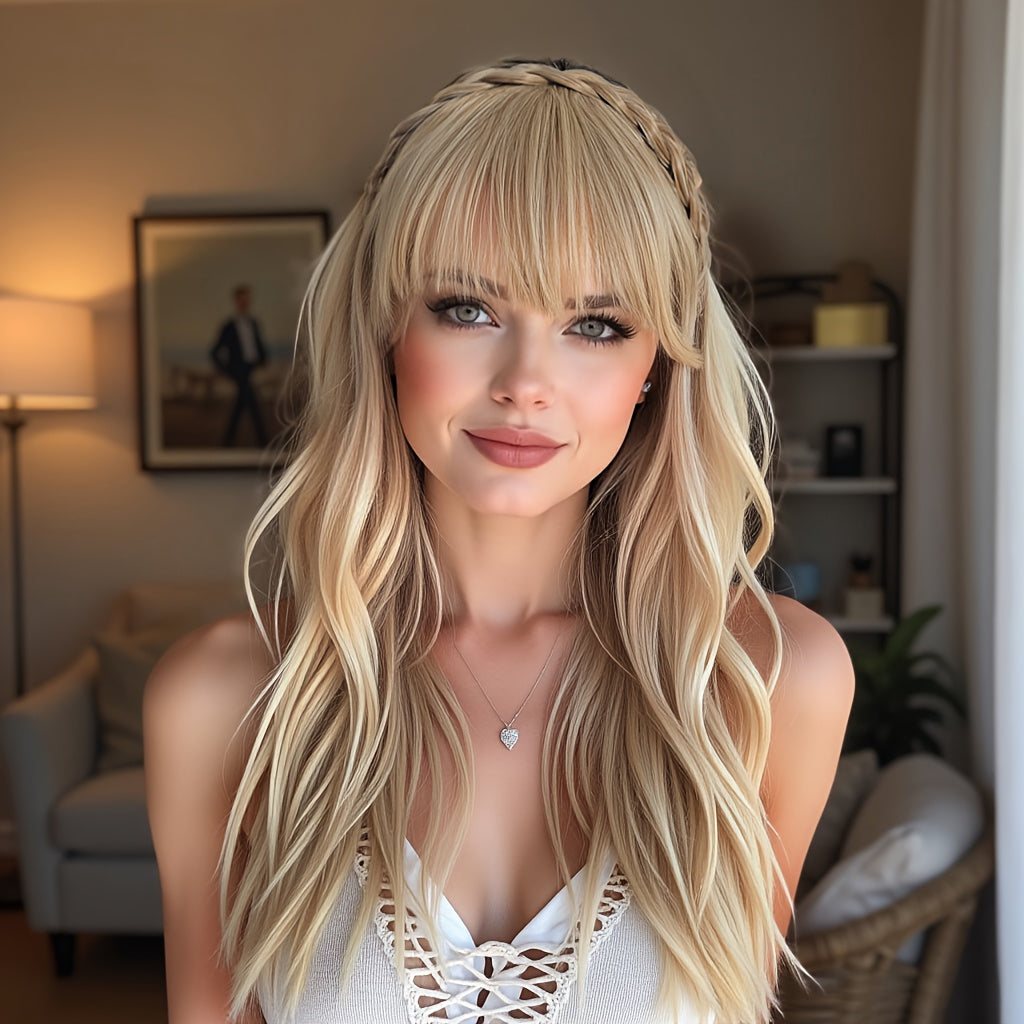 Headband Hair Extension with Bangs Synthetic — Women's Clip-On Fringe, 4 Colors: Black, Reddish Brown, Light Brown, Khaki, 4 Inch, Cosplay, Halloween & Party