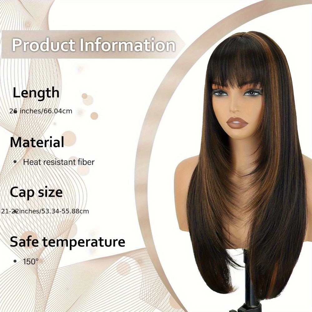 Long Straight Synthetic Lace-Front Wig with Curtain Bangs and Five 26-Inch Solid or Gradient Color Options