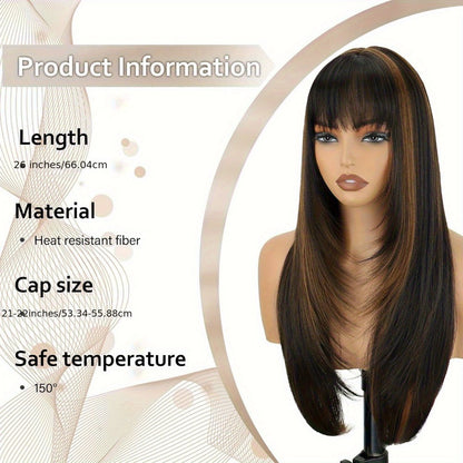 Long Straight Synthetic Lace-Front Wig with Curtain Bangs and Five 26-Inch Solid or Gradient Color Options