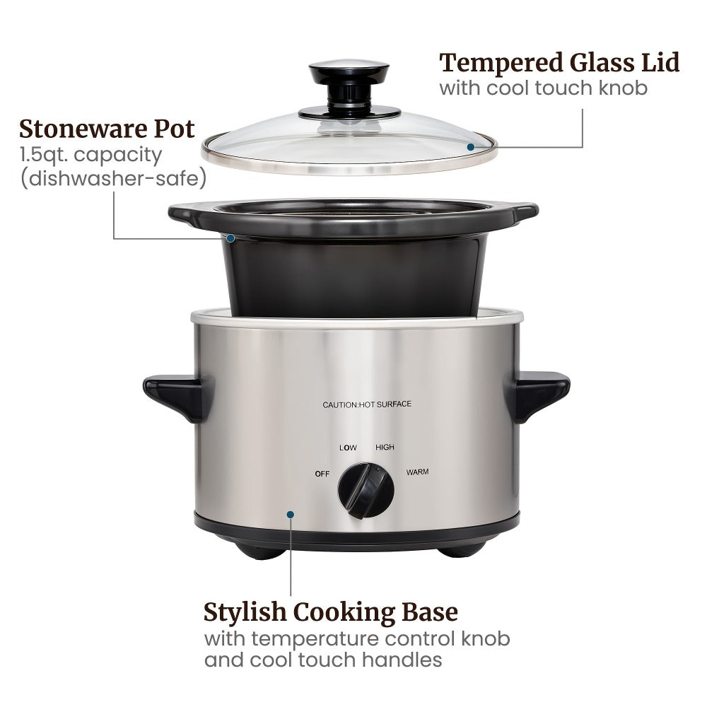 Mini Slow Cooker 1.5QT & 2.0QT with Adjustable Temperature Ceramic Crock & Dishwasher Safe Glass Lid – Small Slow Cooker for Sauces Dips Soups Stews, Stainless Steel & Black