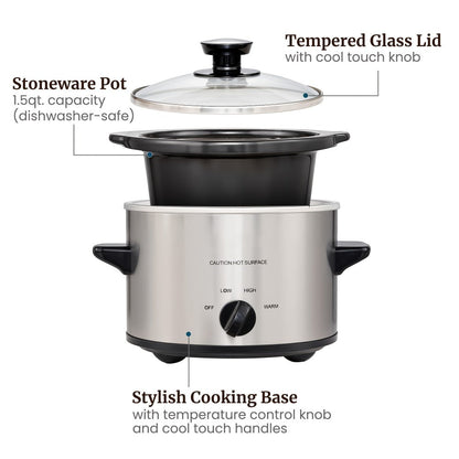 Mini Slow Cooker 1.5QT & 2.0QT with Adjustable Temperature Ceramic Crock & Dishwasher Safe Glass Lid – Small Slow Cooker for Sauces Dips Soups Stews, Stainless Steel & Black