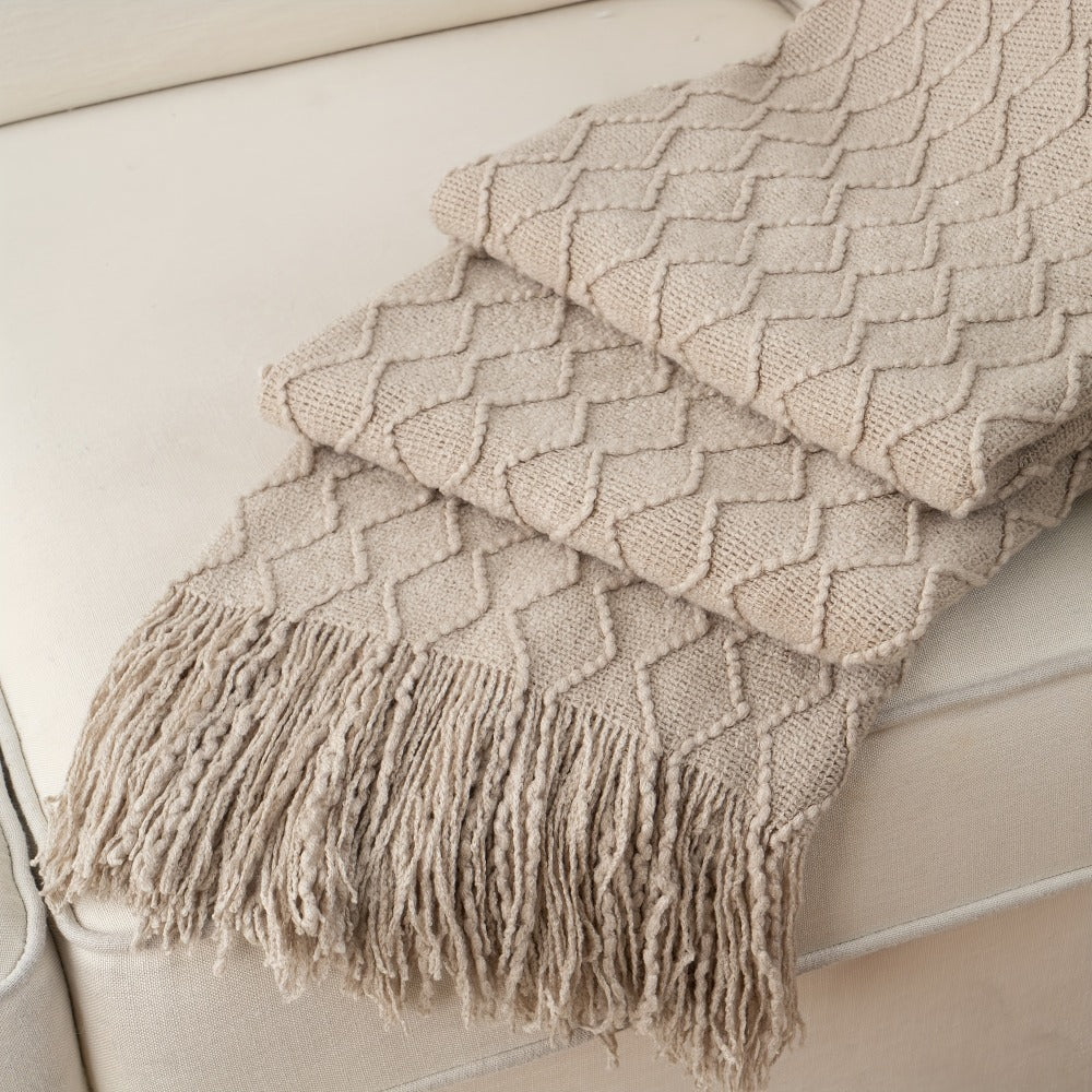 50 x 60-Inch Throw Blanket with Raised Geometric Texture, Tassel Fringe and Six Solid Color Options