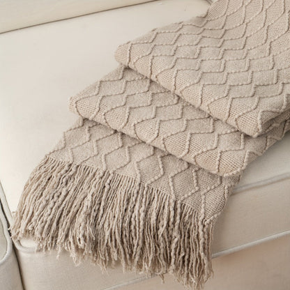 50 x 60-Inch Throw Blanket with Raised Geometric Texture, Tassel Fringe and Six Solid Color Options