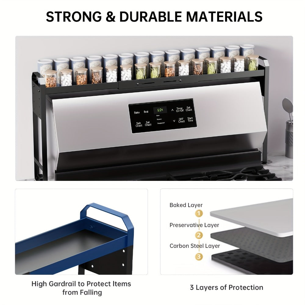 Expandable Stove Shelf Kitchen Organizer with 27.4-32.7-Inch Width, Adjustable Height and Utility Hooks