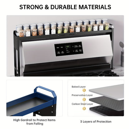 Expandable Stove Shelf Kitchen Organizer with 27.4-32.7-Inch Width, Adjustable Height and Utility Hooks