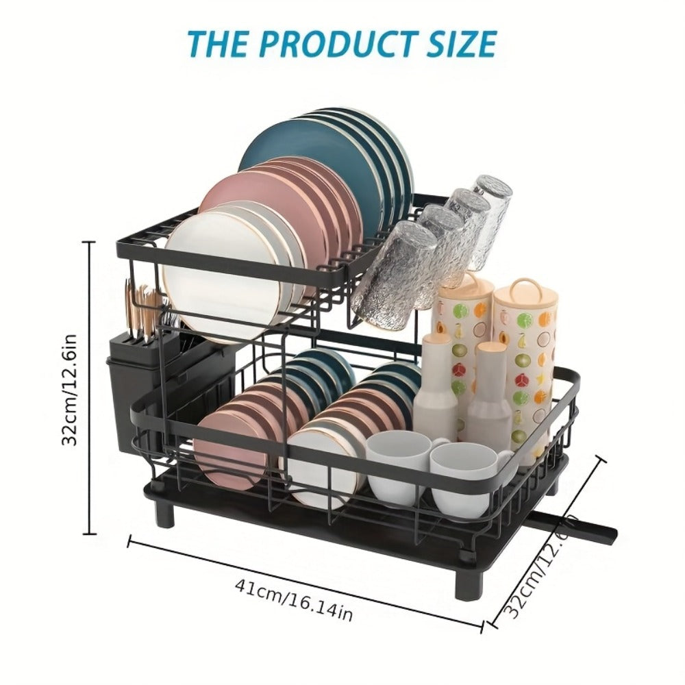 Dish Drying Rack Kitchen Organizer with Two Tiers, Drain Board, Utensil Cup and Three Color Options