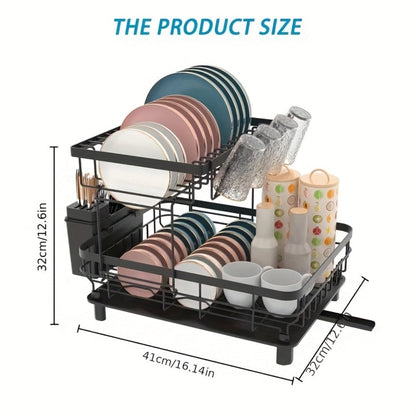 Dish Drying Rack Kitchen Organizer with Two Tiers, Drain Board, Utensil Cup and Three Color Options