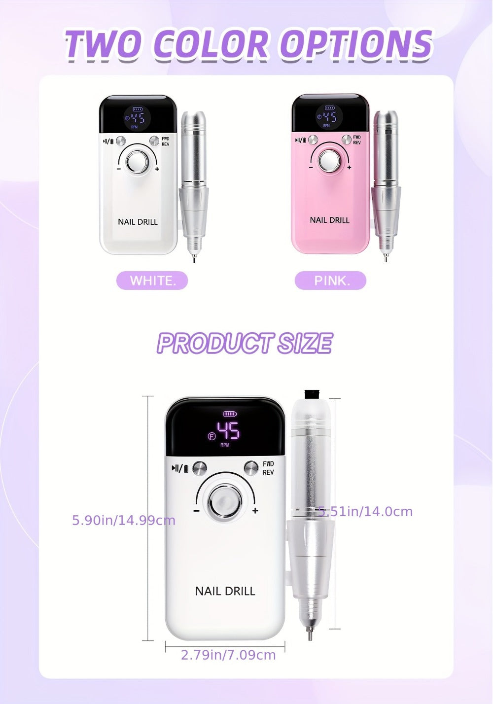 45000RPM Electric Nail Drill Machine Rechargeable Cordless with LCD Display Professional Nail File Drill for Acrylic Gel Nails Cuticle Removal Manicure Pedicure Polisher Home Salon Women Pink White