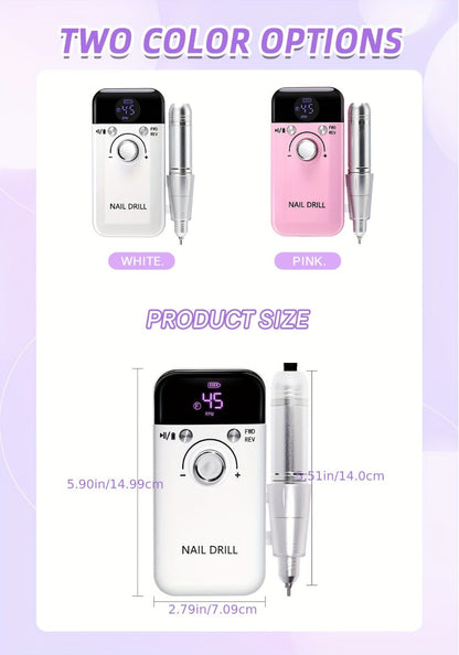 45000RPM Electric Nail Drill Machine Rechargeable Cordless with LCD Display Professional Nail File Drill for Acrylic Gel Nails Cuticle Removal Manicure Pedicure Polisher Home Salon Women Pink White