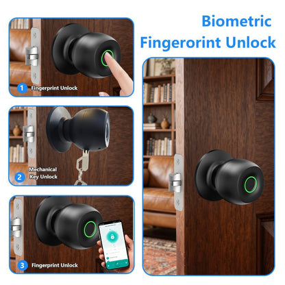 Wireless Smart Door Knob Lock with Fingerprint & App Control - 3-in-1 Biometric Keyless Entry, Auto-Lock, Remote Access Management for Bedroom, Home, Hotel & Office, Easy DIY Install, Black