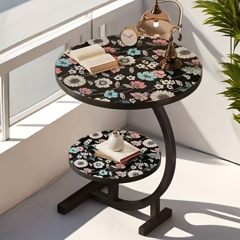 Side Table Round Floral Mandala Printed Top with Metal Frame for Indoor or Outdoor Accent Placement