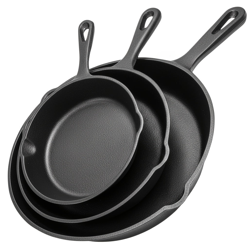 3-Piece Cast Iron Skillet Set with Long Handles, Pouring Lips and 6-, 8- and 10-Inch Graduated Pans