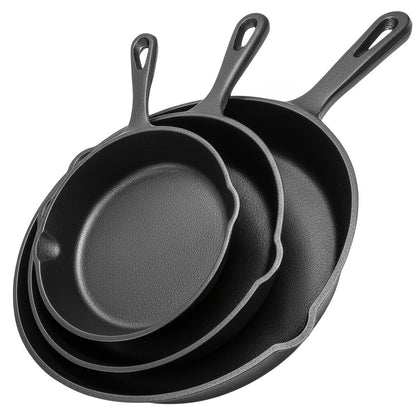3-Piece Cast Iron Skillet Set with Long Handles, Pouring Lips and 6-, 8- and 10-Inch Graduated Pans