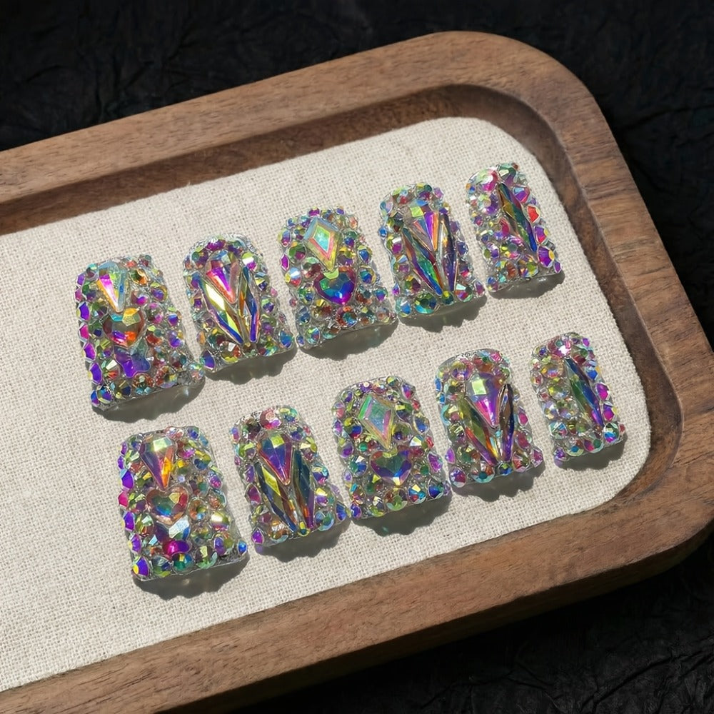 Press On Nails 10-Piece Short Duckbill Set with Glossy Mixed Colors, AB Crystals and Gel Adhesive Tabs