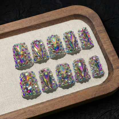 Press On Nails 10-Piece Short Duckbill Set with Glossy Mixed Colors, AB Crystals and Gel Adhesive Tabs