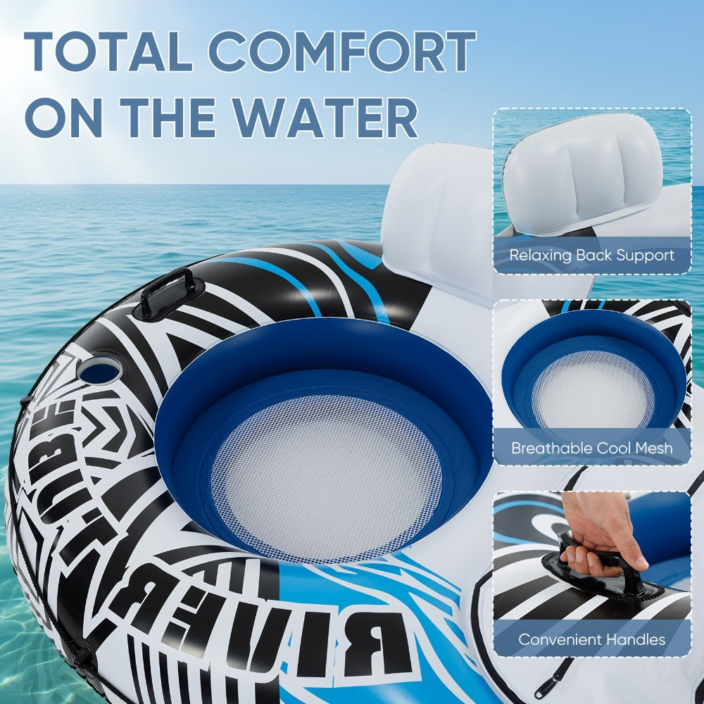 Inflatable Pool Float Bed with Detachable Cooler – Heavy Duty Double Adult Lounge Raft with Cup Holders for Swimming Pool, River & Lake, Durable Blow Up Water Lounger Chair, Blue & Green / Blue & White
