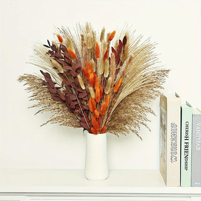Artificial Pampas-Style Bouquet, 72-Piece 17-Inch Autumn Mix with Feathery, Reed and Leaf Stems