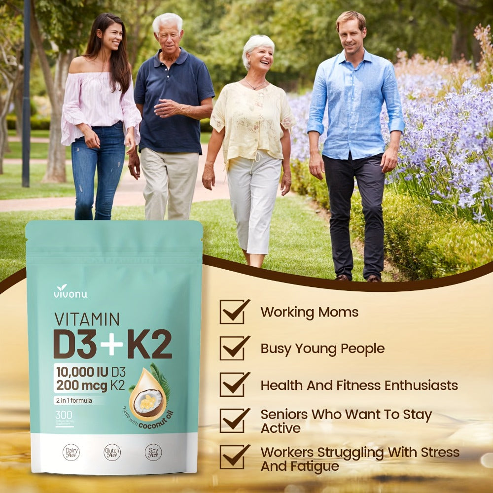 Vitamin D3 K2 Softgels with Coconut Oil – 2-in-1 Premium Bone, Heart & Immune Support Formula for Women & Men | Easy-to-Swallow | 300 Softgels per Pack