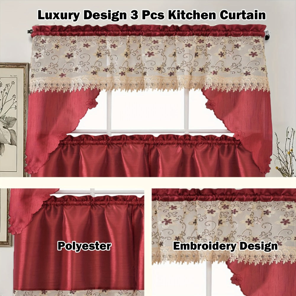 Three-Piece Patterned Kitchen Curtain Set with One Valance, Two Tiers and Forty-Six Exact Design Options