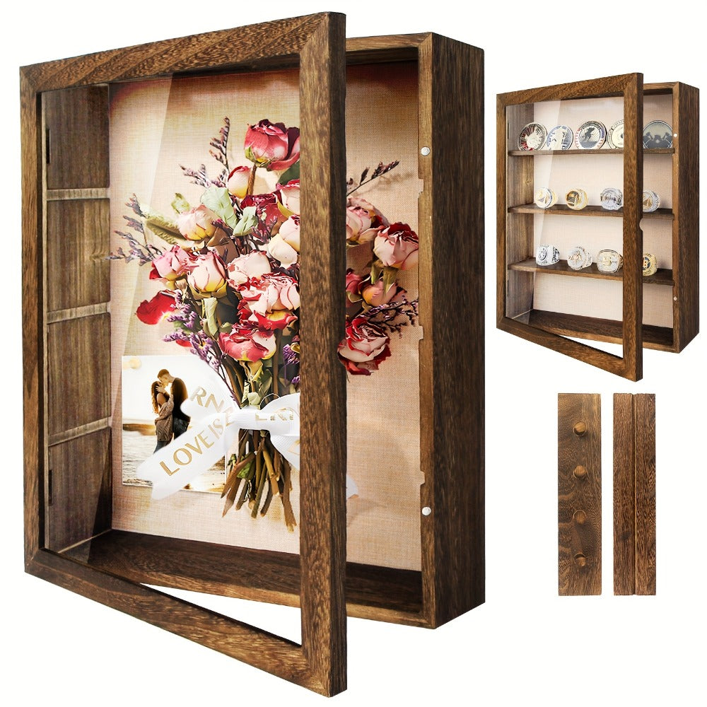 Shadow Box Frame 11x14 with 4 Removable Shelves - Large Deep Display Case for Medals Coins Pins Photos Flowers Keepsakes, Wall Hanging Memory Box for Collections, Black White Brown