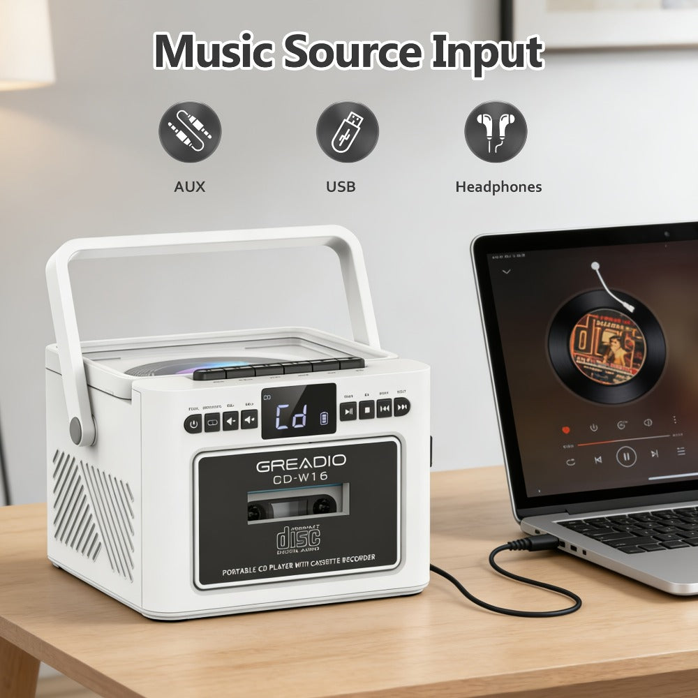 Portable CD and Cassette Player with FM Radio, Tape Recording, AUX, SD, USB and 3.5 mm Audio Connections