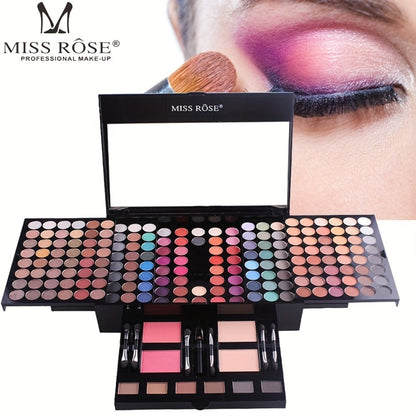 Makeup Kit 190-Color Fold-Out Face and Eye Palette with Center Mirror, 144 Eyeshadow Shades and Eight Brushes