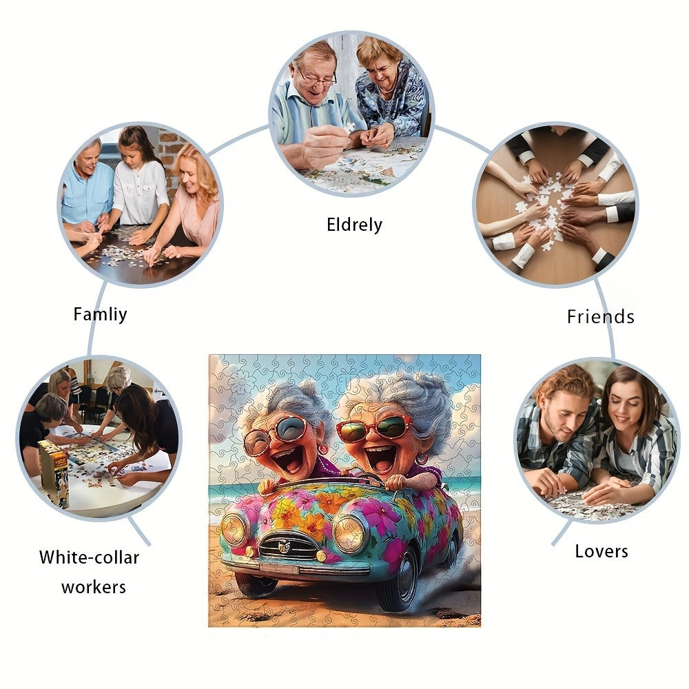 Happy Old Lady Wooden Jigsaw Puzzle with Irregular Pieces and 5.7 or 11.2 Inch Checkout Size Options