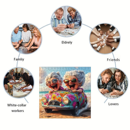Happy Old Lady Wooden Jigsaw Puzzle with Irregular Pieces and 5.7 or 11.2 Inch Checkout Size Options