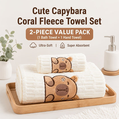 Bath Towel Set 2 Piece Cute Capybara Coral Fleece Super Soft Ultra Absorbent Quick Dry Face Towel and Bath Sheet for Spa Gym Hotel Guest Bathroom