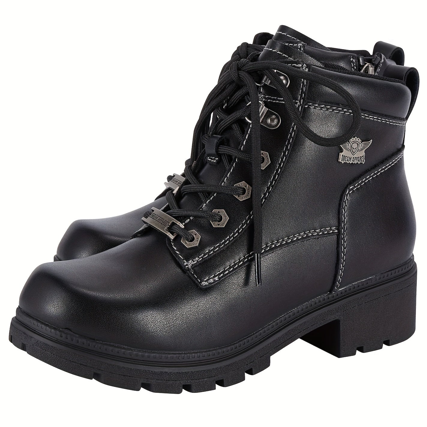 Women's Motorcycle Riding Boots, Low Heel Lace-Up Ankle Booties with Side Zipper, Non-Slip Rubber Sole Biker Combat Boots in Black Faux Leather, All-Season, US Sizes 6–11