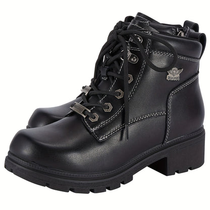 Women's Motorcycle Riding Boots, Low Heel Lace-Up Ankle Booties with Side Zipper, Non-Slip Rubber Sole Biker Combat Boots in Black Faux Leather, All-Season, US Sizes 6–11