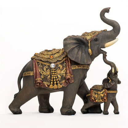 Mama and Baby Elephant Tabletop Figurine in Dark Brown with Raised Trunks and Ornate Gold-Tone Details