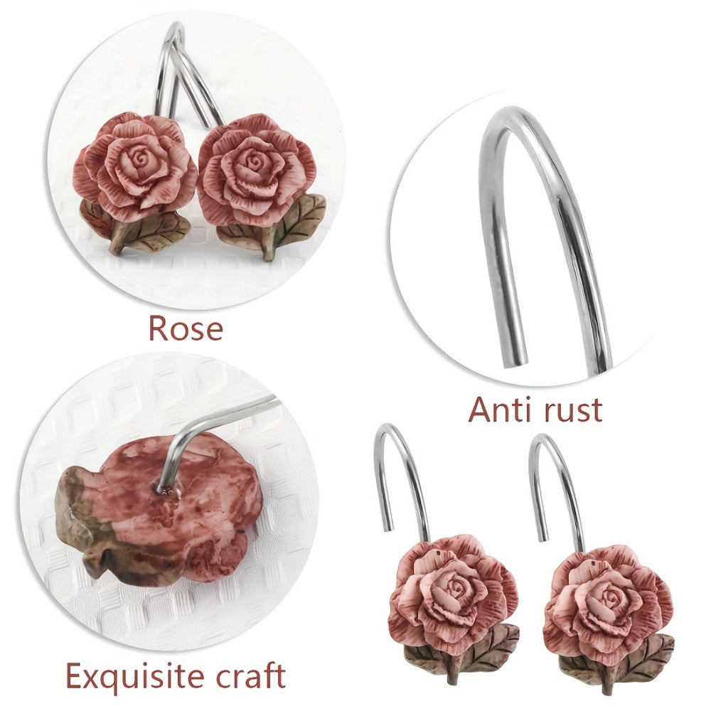 12-Piece Rose Shower Curtain Hook Set with Sculpted Pink Floral Decorations and Silver-Tone Rings
