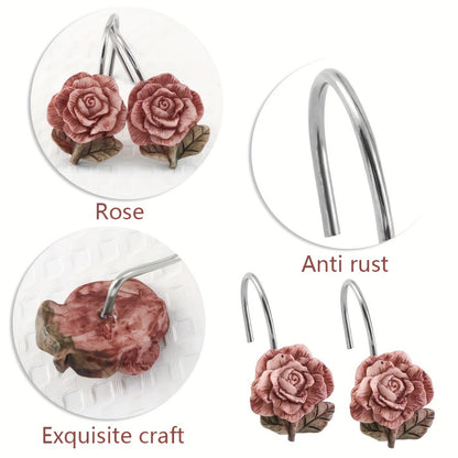 12-Piece Rose Shower Curtain Hook Set with Sculpted Pink Floral Decorations and Silver-Tone Rings