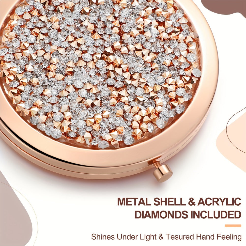 16-Piece Rose-Gold Rhinestone Compact Mirror Set with Engraved Messages and 2X Magnifying View