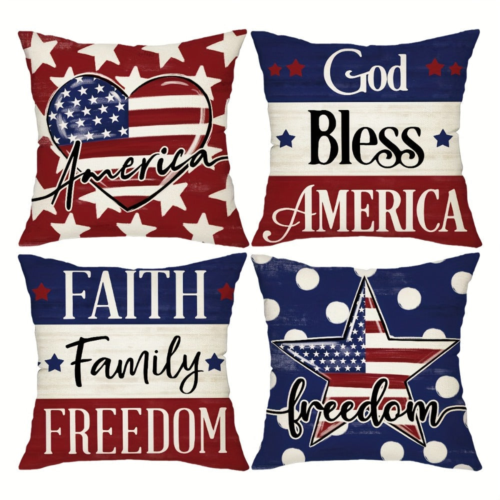 Four-Piece 18 x 18-Inch Patriotic Throw Pillow Cover Set with American Flag, Star and Typography Prints