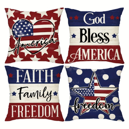 Four-Piece 18 x 18-Inch Patriotic Throw Pillow Cover Set with American Flag, Star and Typography Prints