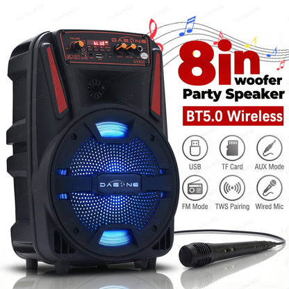 8-Inch Bluetooth Party Speaker with LED Lights & Wired Microphone – TWS Stereo Bass Boost, FM Radio, USB TF AUX Playback, Rechargeable Battery, Portable Wireless Speaker for Outdoor Parties & Karaoke