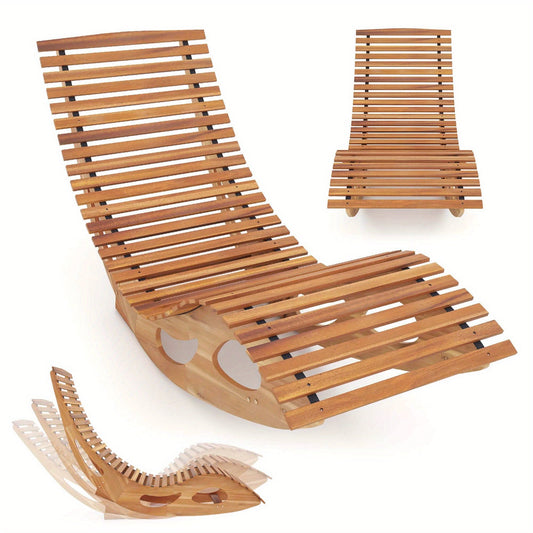 Acacia Wood Rocking Chaise Lounge Outdoor High Back Ergonomic Slatted Seat Stopper 350lb Patio Rocker for Deck Poolside Garden