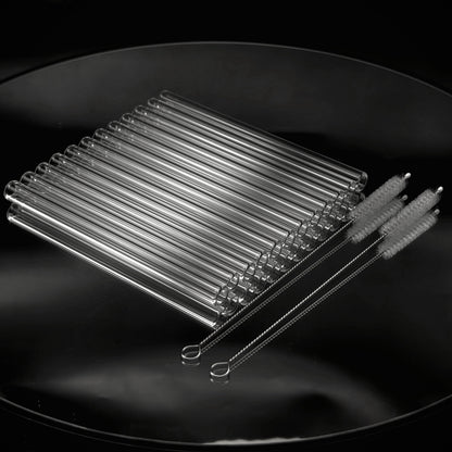 12-Pack Reusable Borosilicate Glass Straw Set with Cleaning Brushes in 6 or 8 Inch Lengths for Drinks