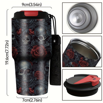 Insulated Tumbler 20oz Gothic Skull and Roses Stainless Steel Travel Mug with Carry Strap for Everyday Use