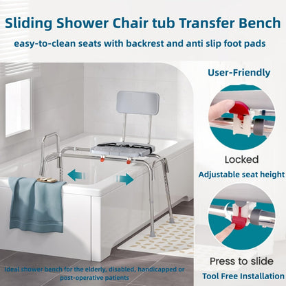 Sliding Bathtub Transfer Bench with Reversible Grey Seat, Safety Rail, Backrest and Adjustable Legs