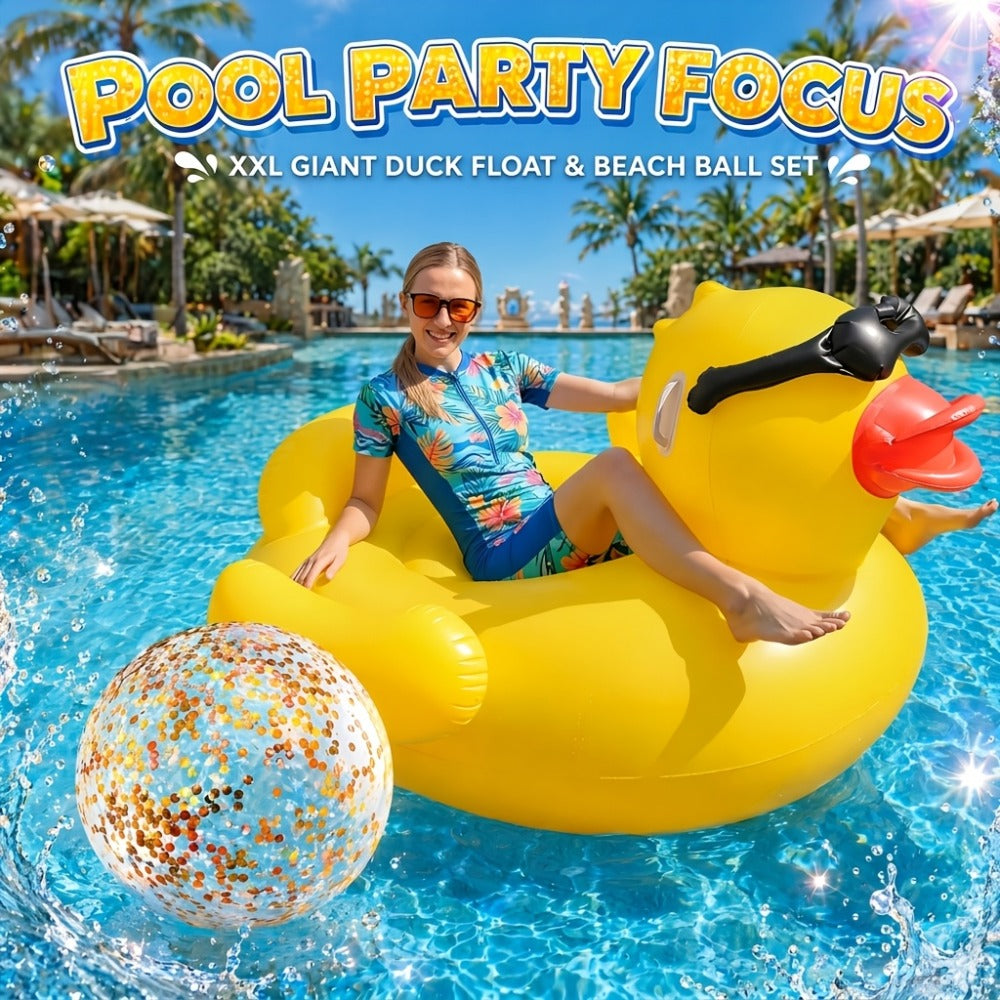 Giant Yellow Duck Pool Float, 67-Inch Ride-On Inflatable with One 16-Inch Beach Ball for Pool Parties