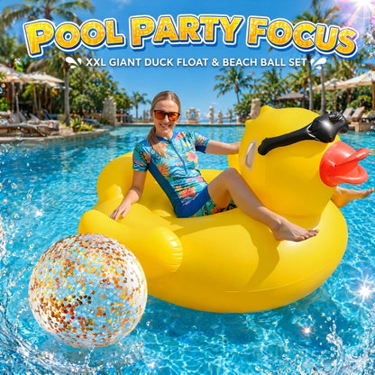 Giant Yellow Duck Pool Float, 67-Inch Ride-On Inflatable with One 16-Inch Beach Ball for Pool Parties