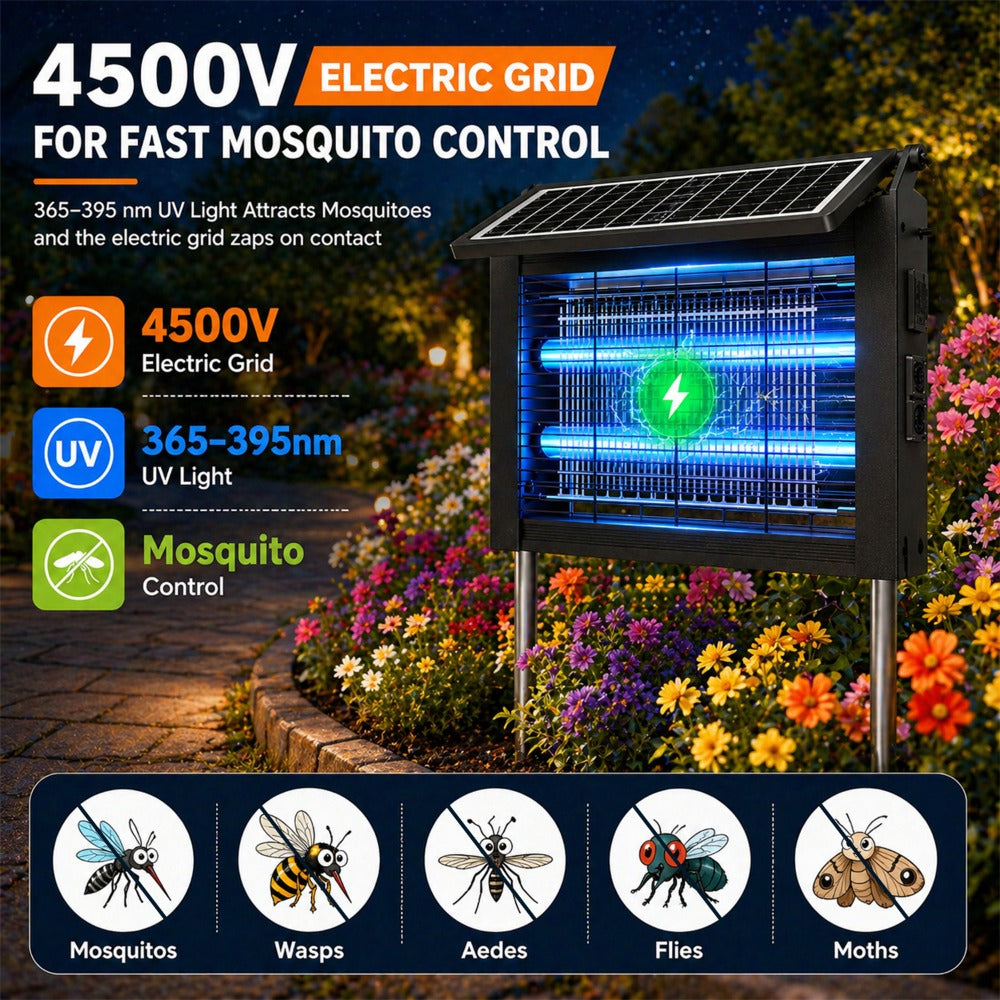 Dual-Panel Solar Bug Zapper with Rectangular Blue Grid Light in One or Two-Piece Black Options